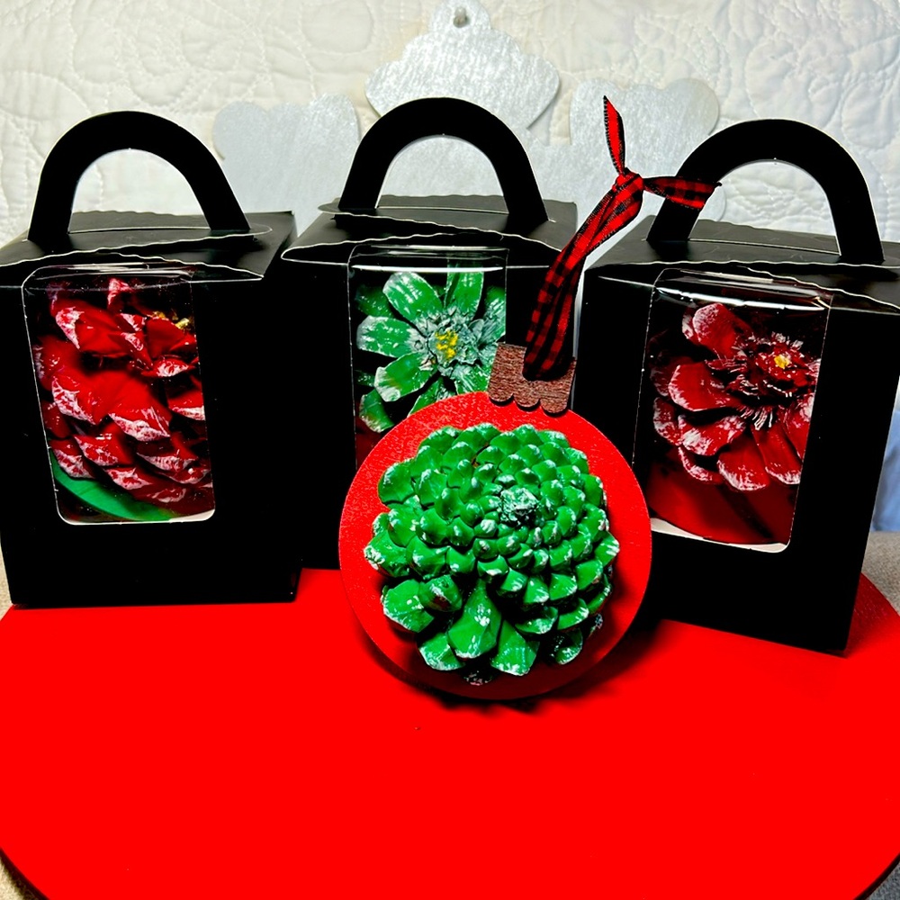 Four Handmade Pinecone Flower Ornaments